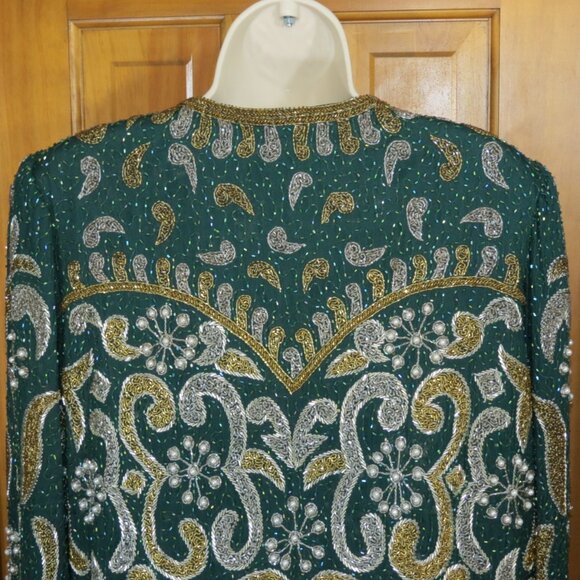 Laurence Kazar Green & Gold Vintage Beaded Silk Evening Cocktail Jacket Size XL - Picture 7 of 11